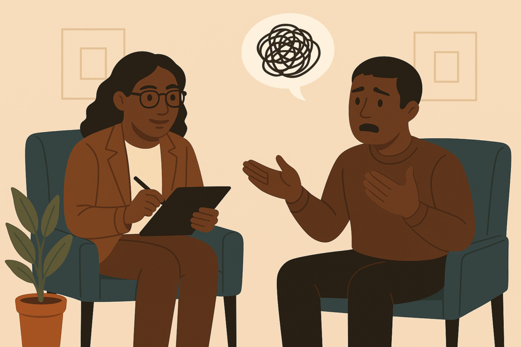 Two people sitting and talking in a therapy session